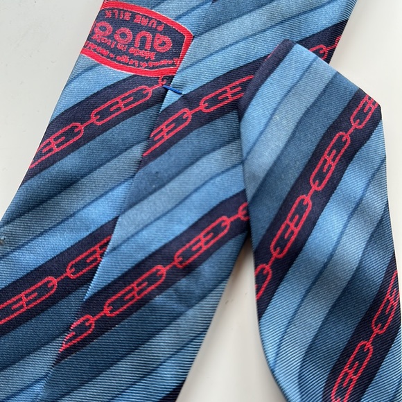 GUCCI Vintage Vtg Neck Tie 100% Silk Blue Red Interlocking Chain 58L 3W - Picture 9 of 11
